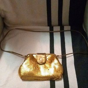 Gold Mesh Crossbody Bag with Pearl Detail on Front